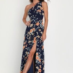 Lulus Elegant Admiration Navy Blue Floral One-shoulder Maxi Dress - Size L